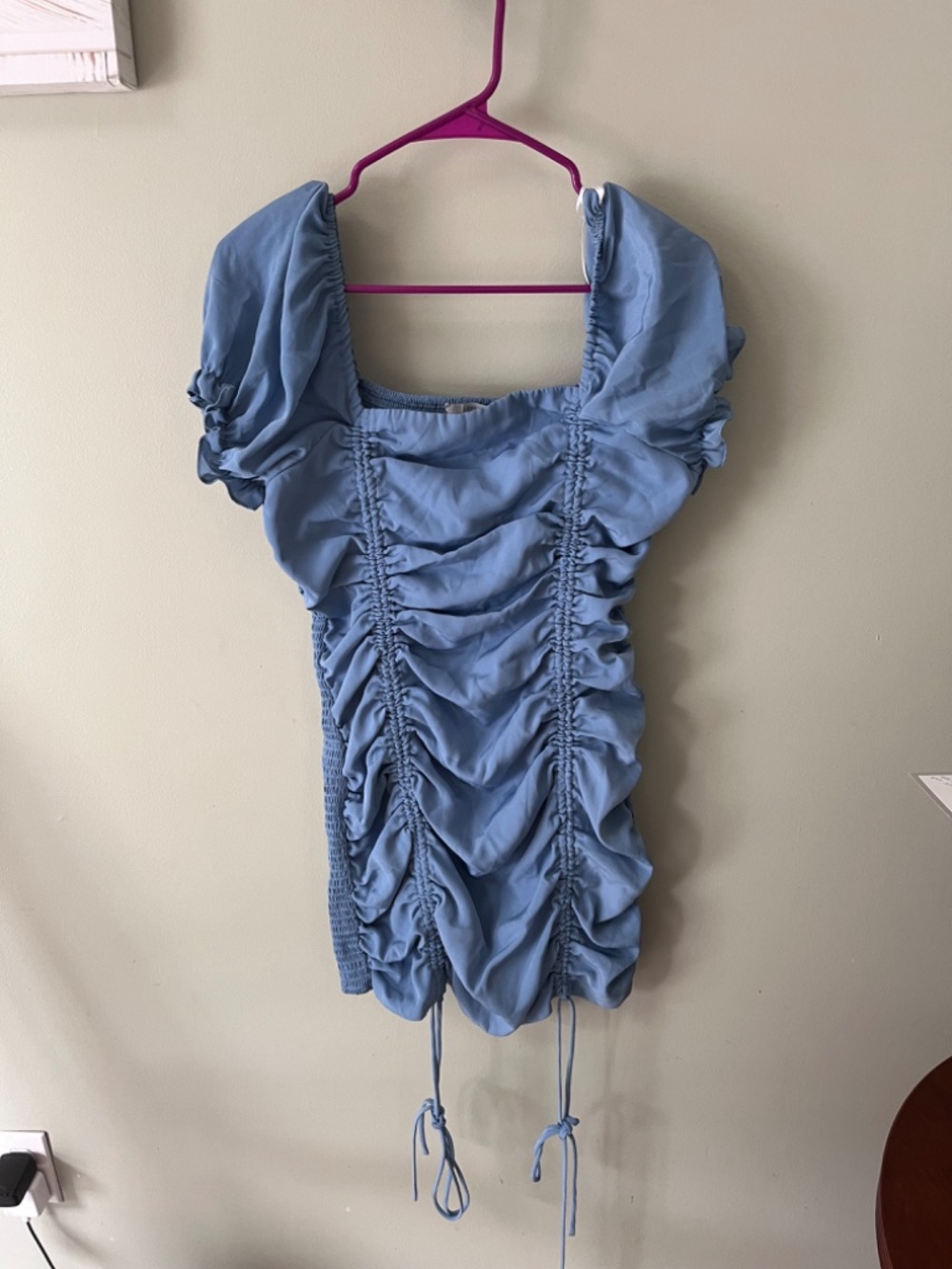 Love Tree Light Dusty Blue Ruched Puff Sleeve Body Con Mini Dress/Size L